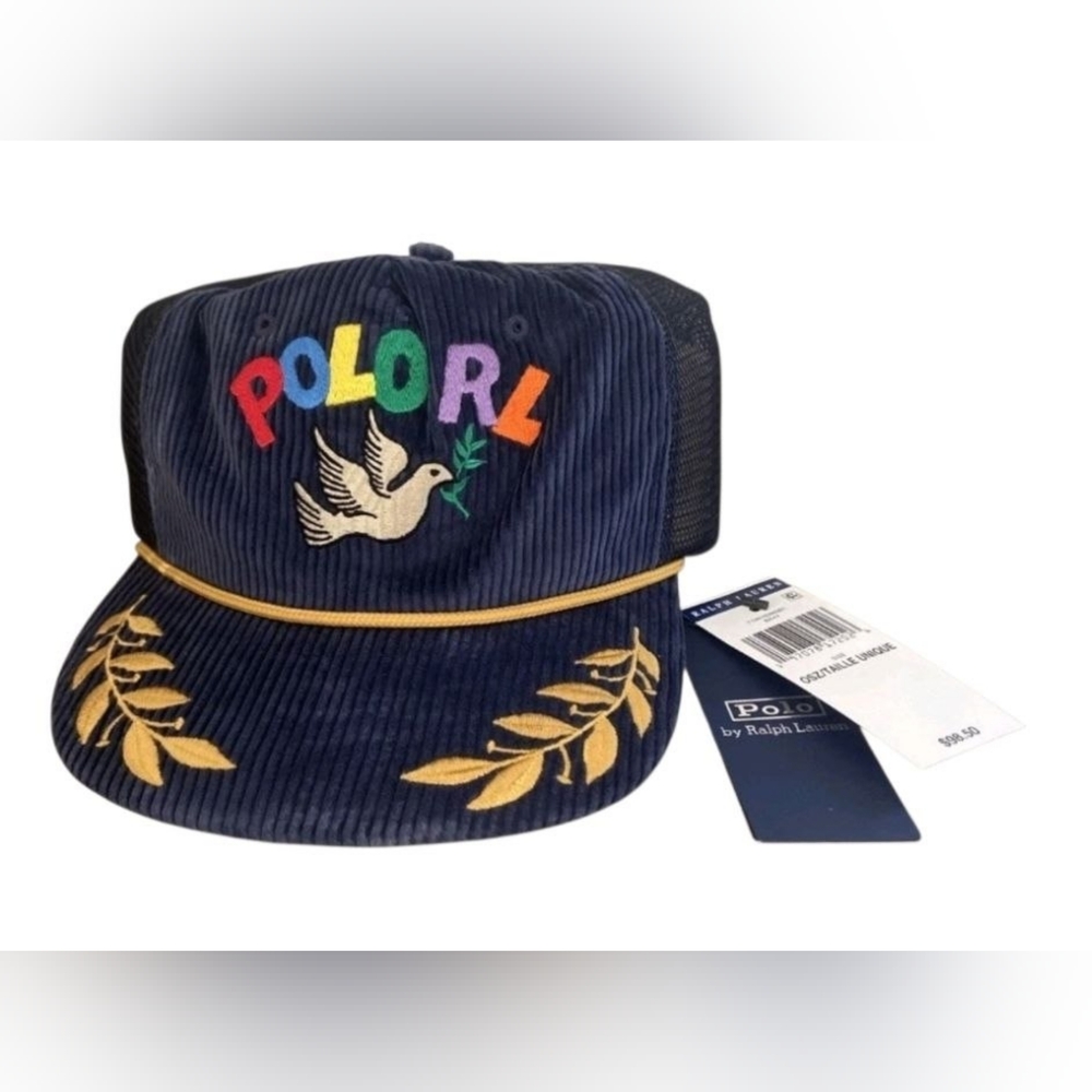 Polo Ralph Lauren Navy Corduroy PEACE LOVE DOVE Trucker Baseball Cap Hat - Picture 4 of 9